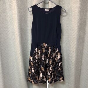 Navy Dress with Cat Print Skirt